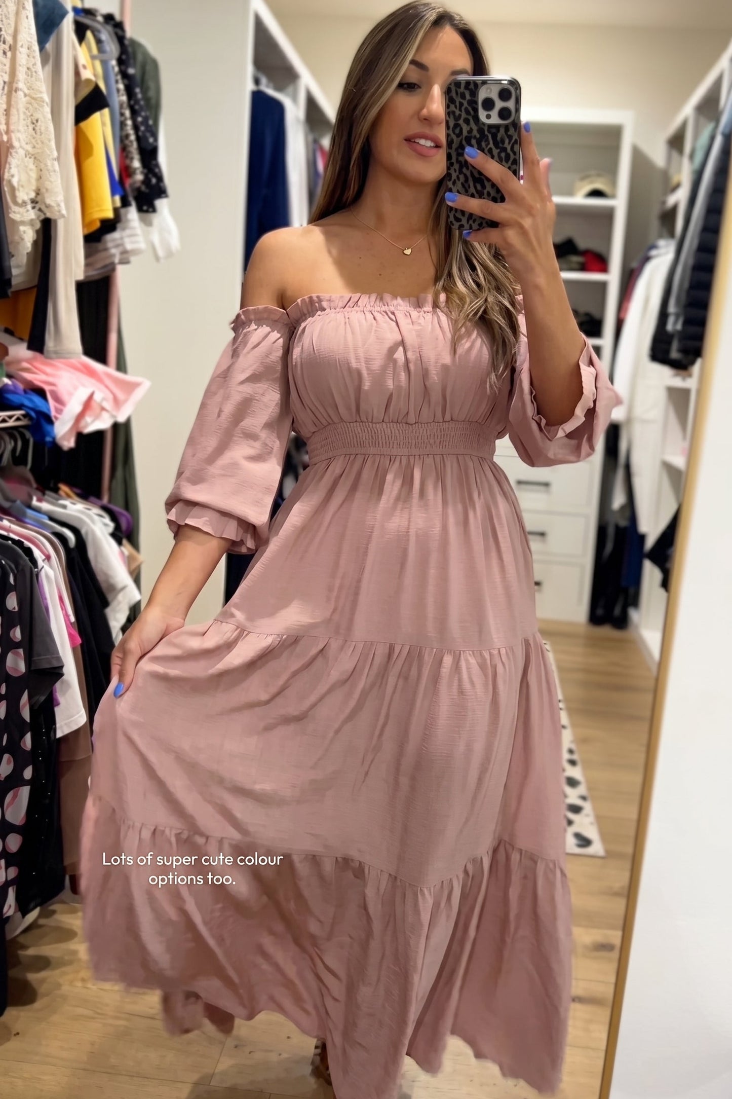 Soft Pink Off-Shoulder Tiered Maxi Dress with Slit