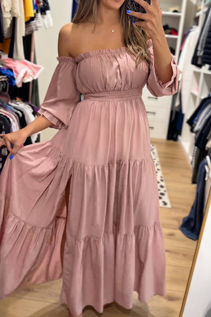 Soft Pink Off-Shoulder Tiered Maxi Dress with Slit