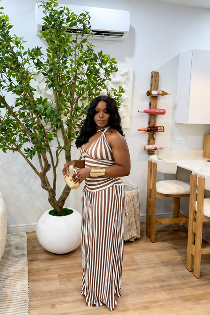 Brown & White Striped Halter Maxi Dress