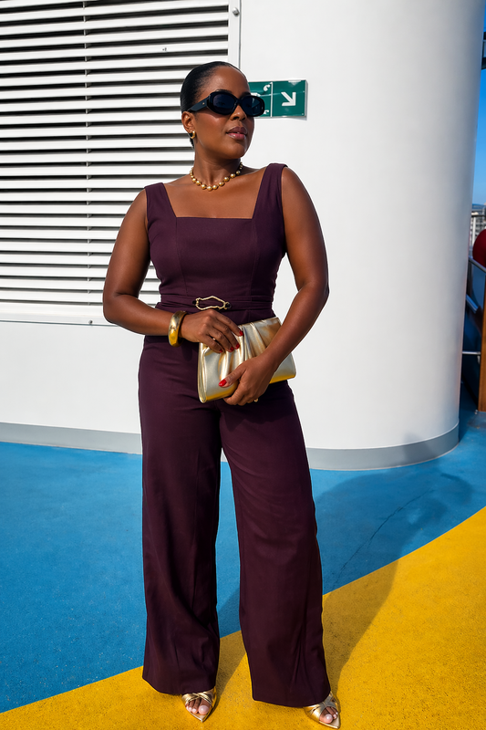 Burgundy Belted Square Neck Wide-Leg Jumpsuit