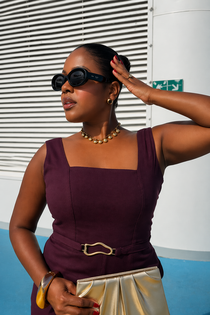 Burgundy Belted Square Neck Wide-Leg Jumpsuit
