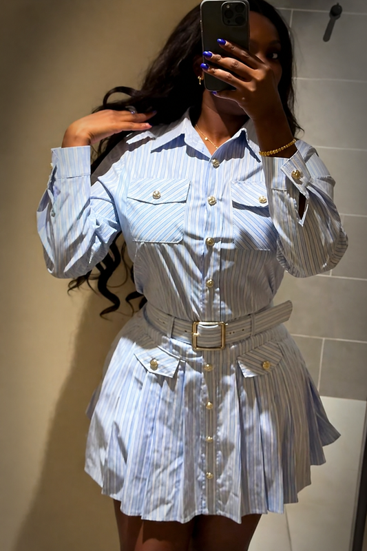 Striped Button-Down Shirt & Pleated Skirt Set