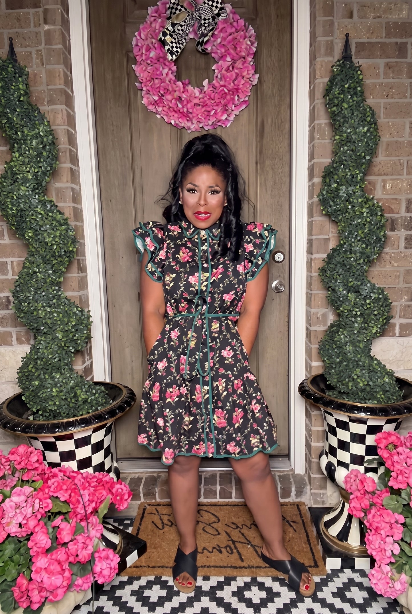 Black Floral Ruffle Dress with Pockets
