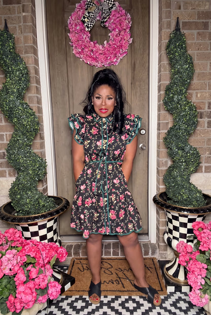 Black Floral Ruffle Dress with Pockets