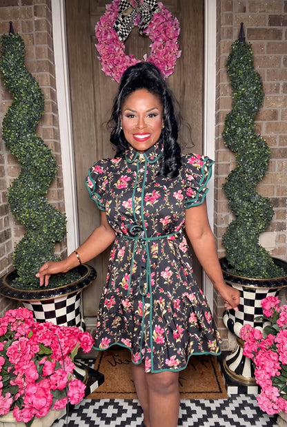 Black Floral Ruffle Dress with Pockets