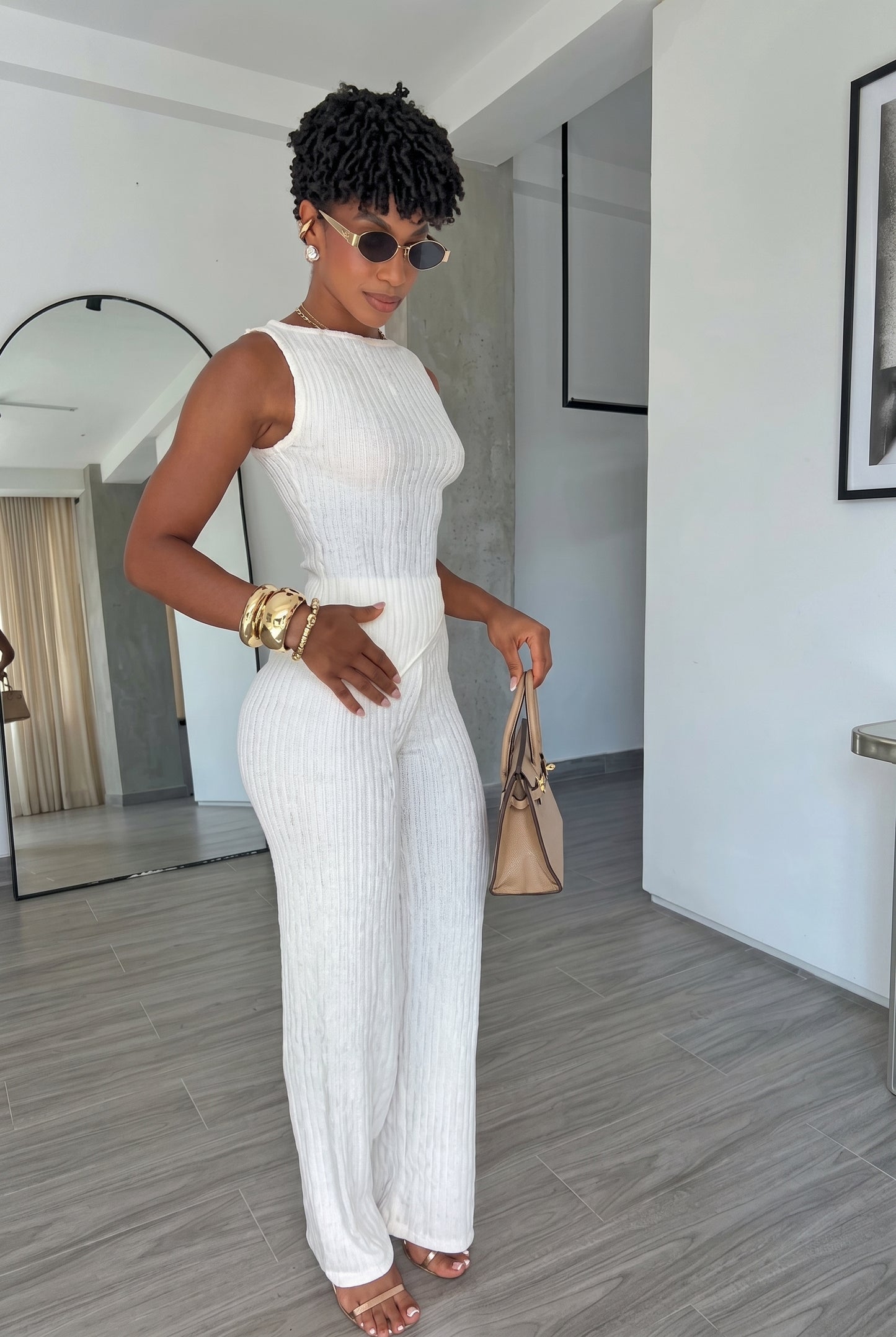 2-Piece Textured Ribbed Tank & Wide Leg Pants Set