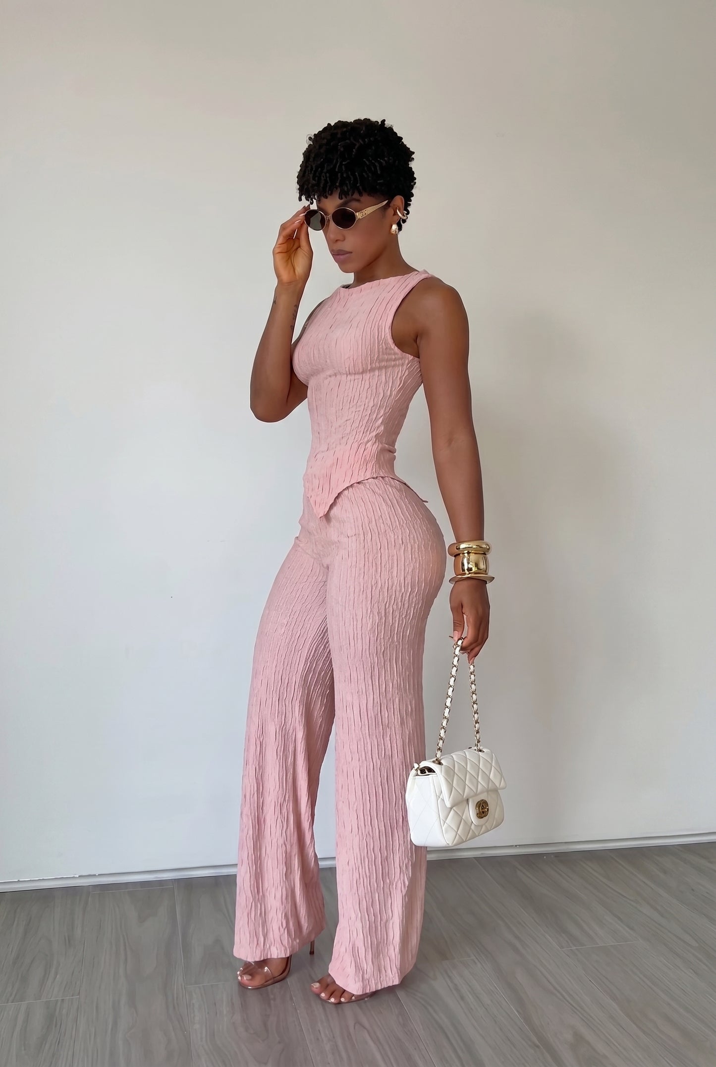 2-Piece Textured Ribbed Tank & Wide Leg Pants Set