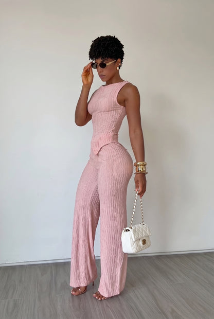 2-Piece Textured Ribbed Tank & Wide Leg Pants Set