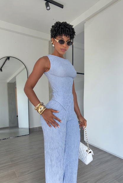 2-Piece Textured Ribbed Tank & Wide Leg Pants Set