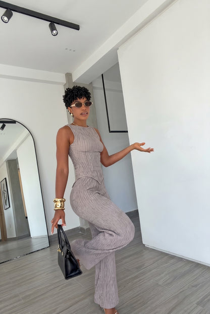 2-Piece Textured Ribbed Tank & Wide Leg Pants Set