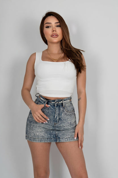 Rhinestone High-Waisted Denim Mini Skirt