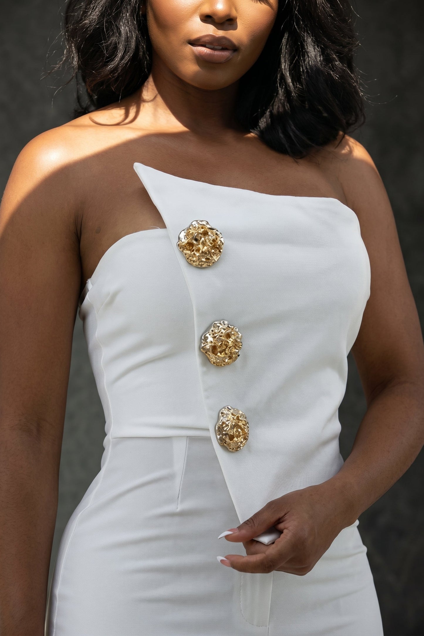 Strapless Gold-Button Wide-Leg Jumpsuit