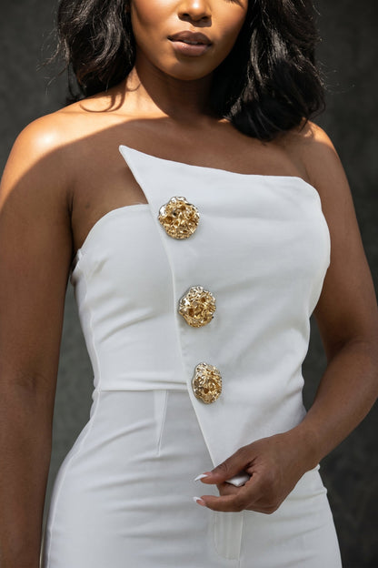 Strapless Gold-Button Wide-Leg Jumpsuit