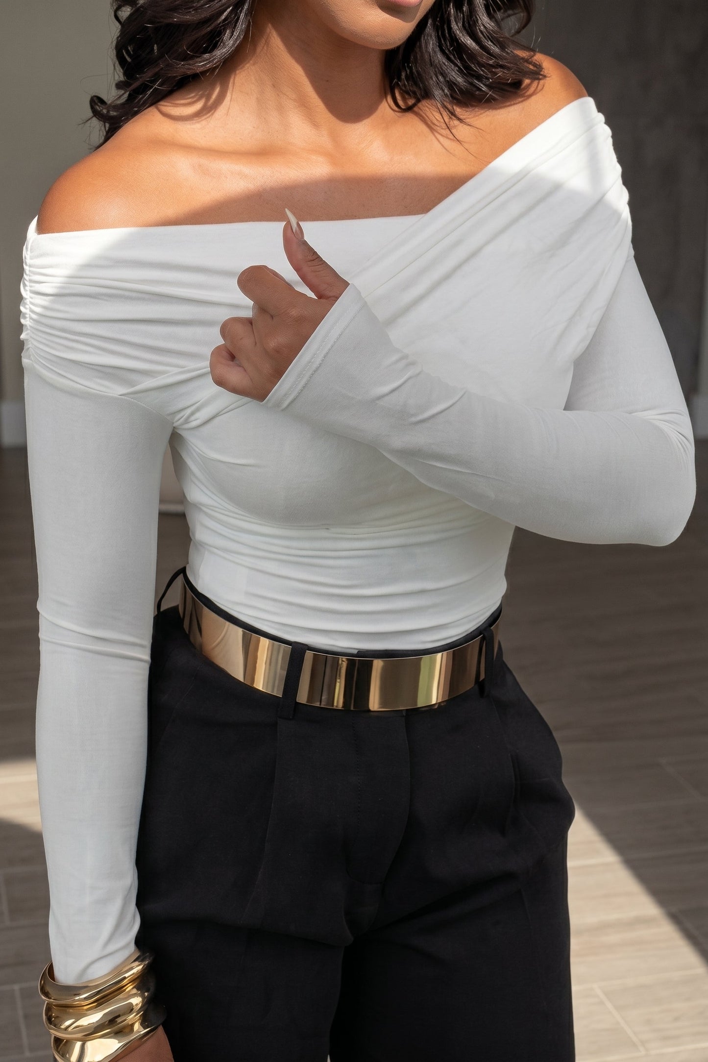 Off-Shoulder Ruched Long Sleeve Top