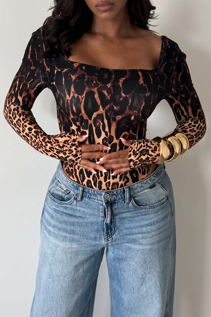 Leopard Print Long Sleeve Square Neck Bodysuit