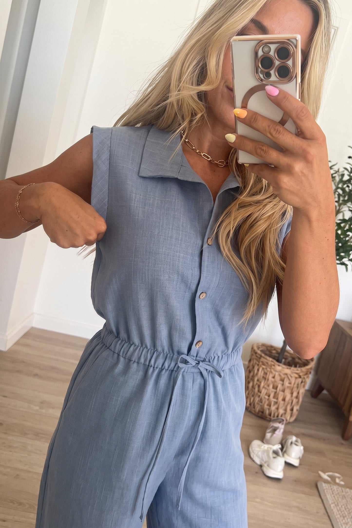 Light Blue Linen-Blend Sleeveless Romper