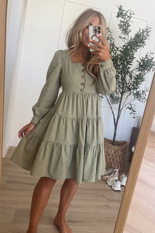 Sage Green Tiered Bubble Sleeve Dress