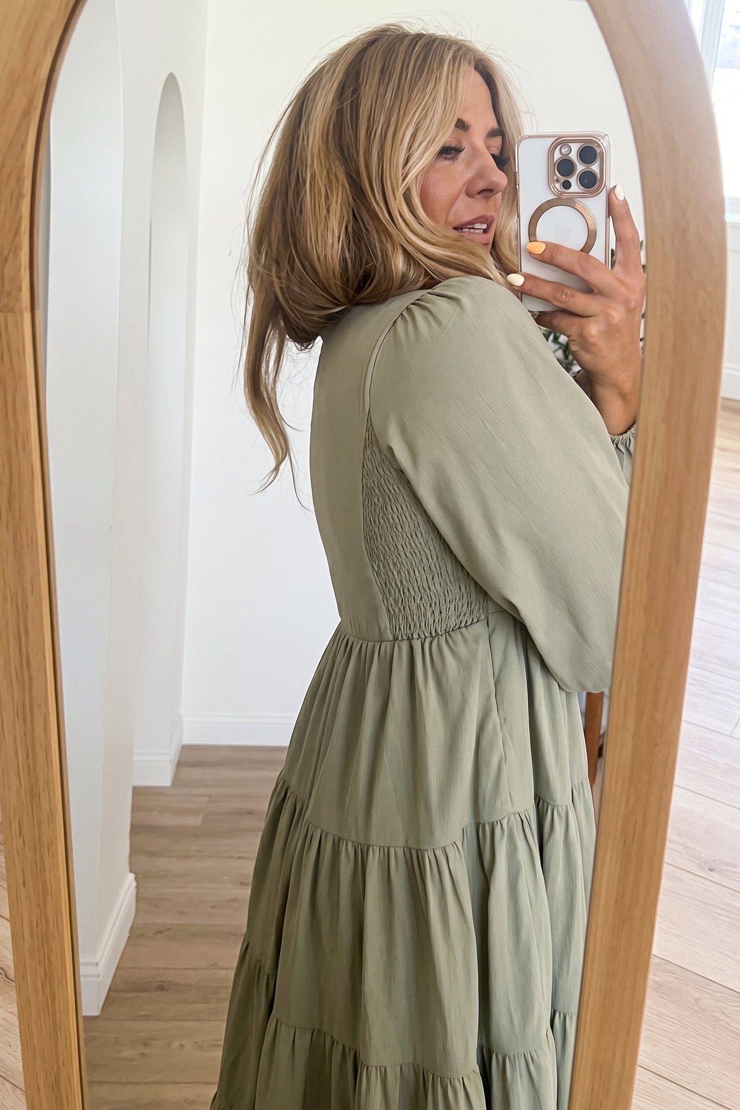 Sage Green Tiered Bubble Sleeve Dress