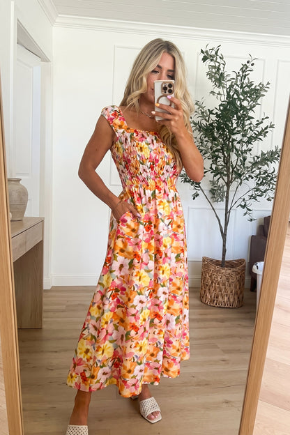 Sunny Blooms Smocked Midi Dress