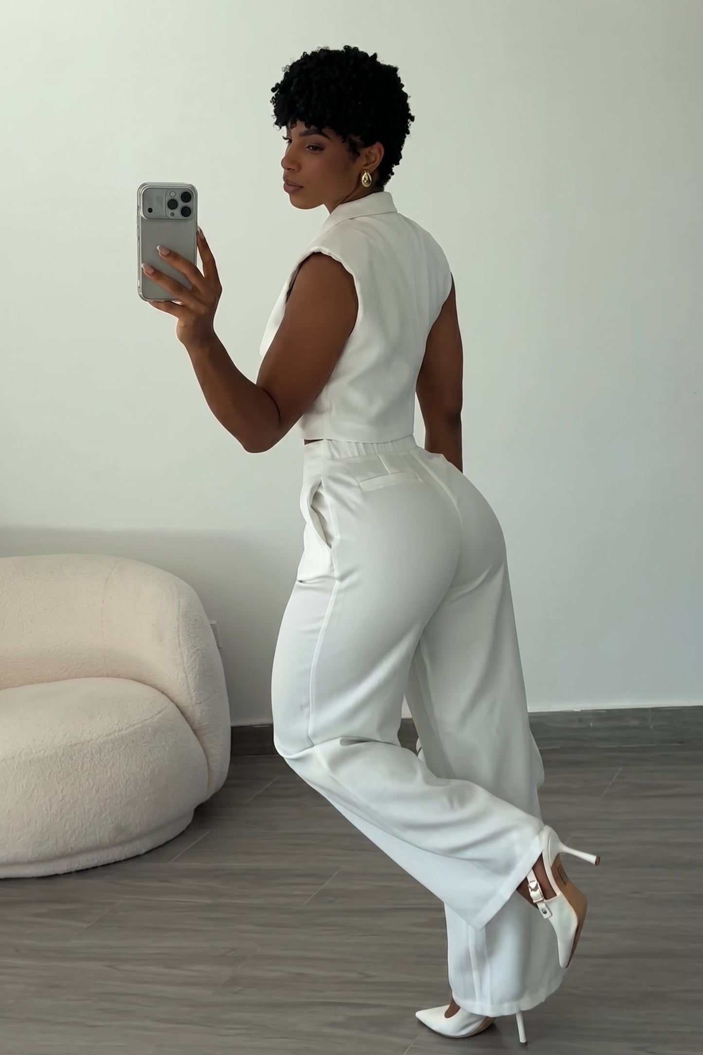 White Cropped Blazer Vest Wide Leg Pants Set