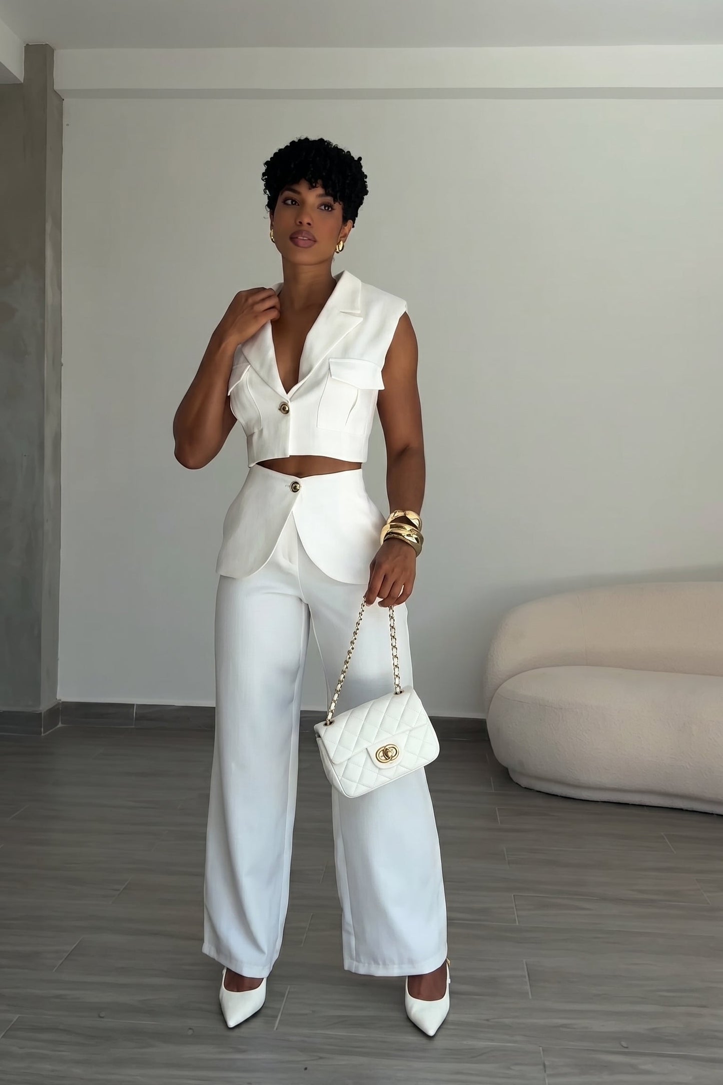 White Cropped Blazer Vest Wide Leg Pants Set