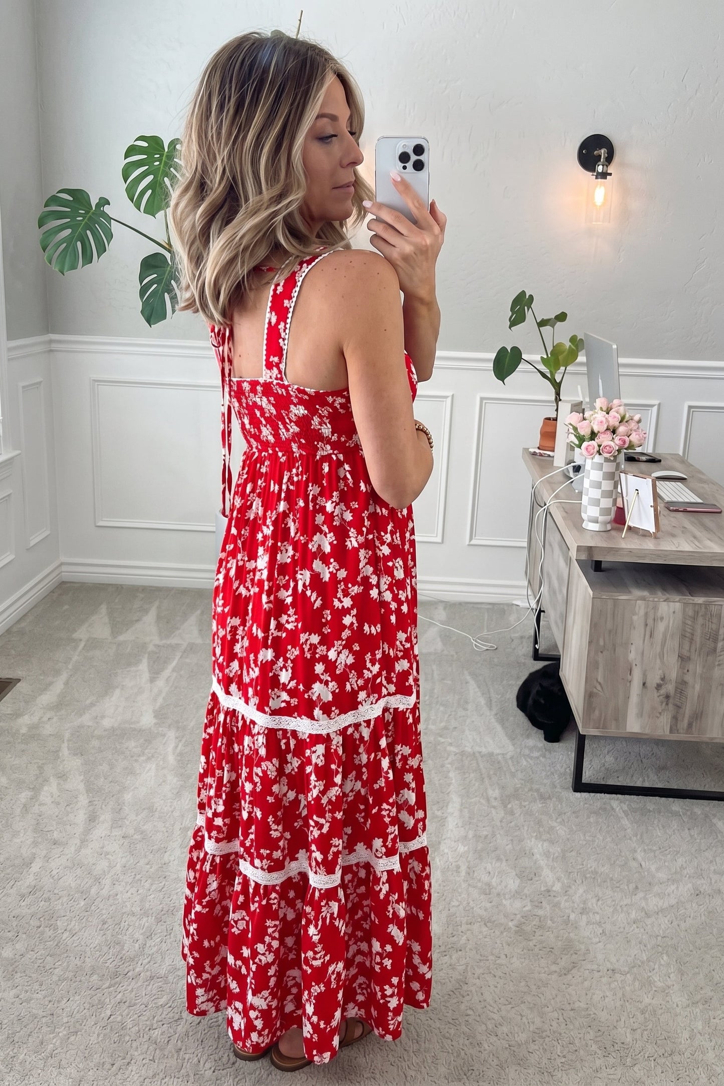Red Floral Lace Trim Maxi Dress