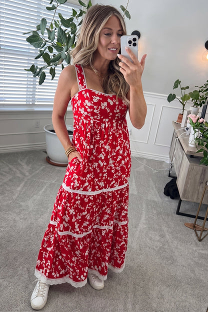 Red Floral Lace Trim Maxi Dress