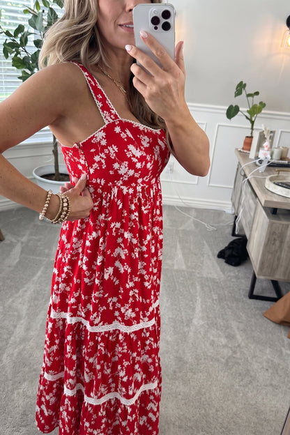 Red Floral Lace Trim Maxi Dress
