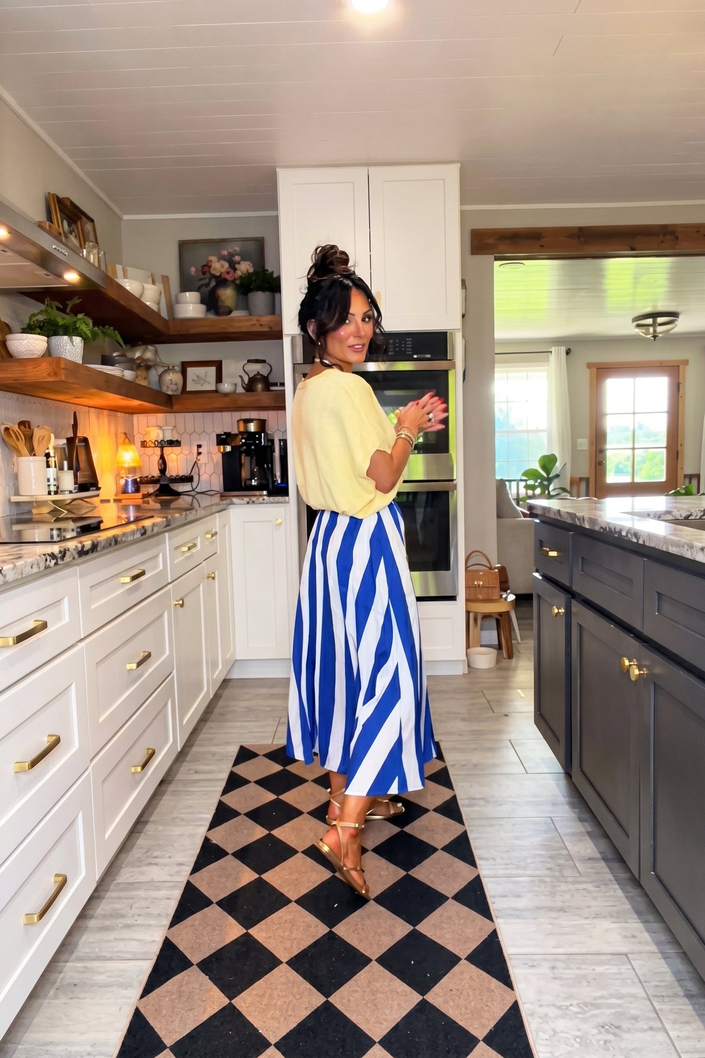 Bold Stripe A-Line Midi Skirt - Elastic Waist & Pockets