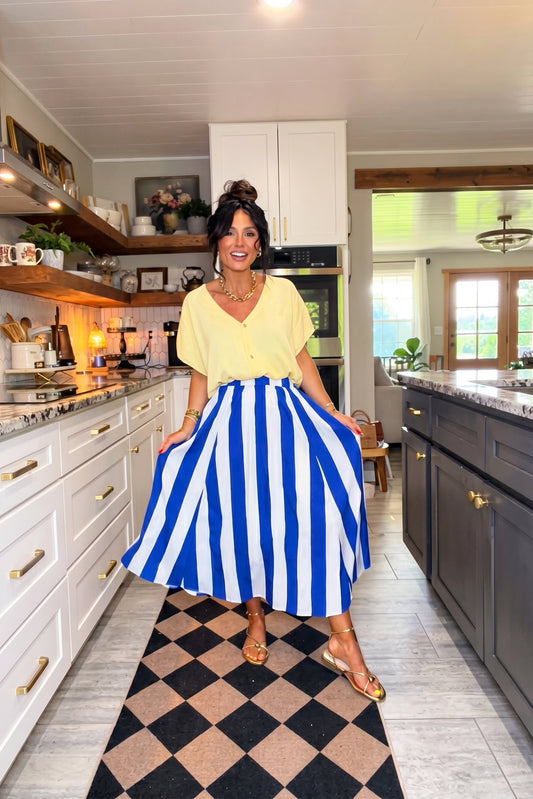 Bold Stripe A-Line Midi Skirt - Elastic Waist & Pockets