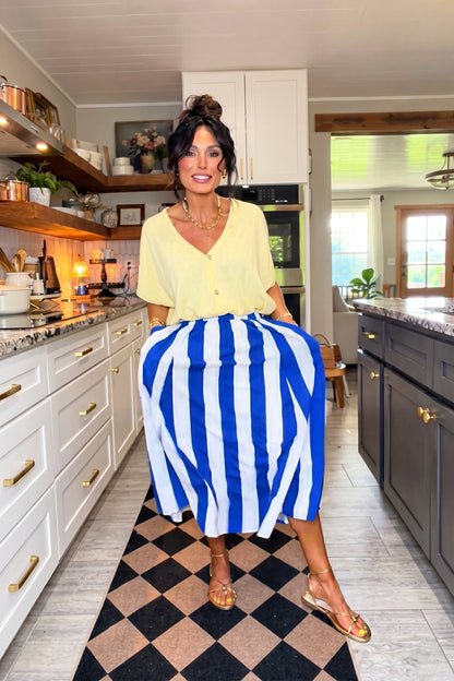Bold Stripe A-Line Midi Skirt - Elastic Waist & Pockets
