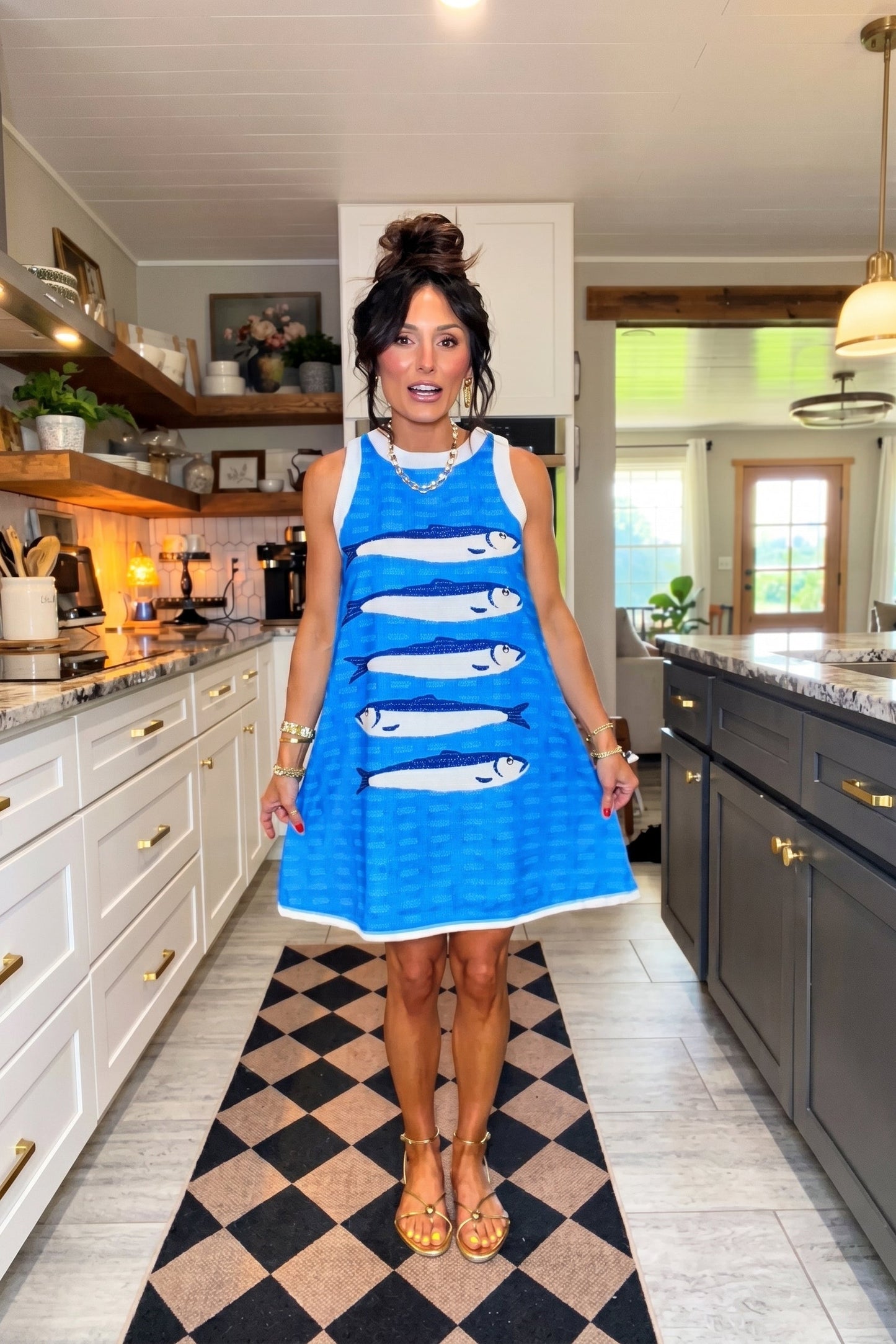 Coastal Fish Print Sleeveless A-Line Dress