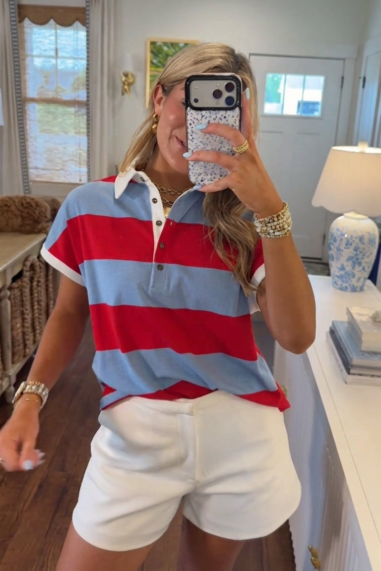 Red & Blue Striped Short-Sleeve Rugby Polo Top
