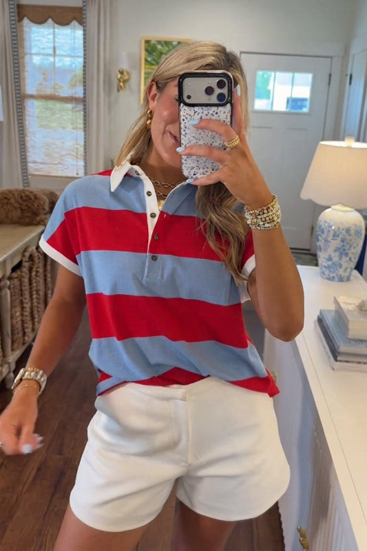 Red & Blue Striped Short-Sleeve Rugby Polo Top