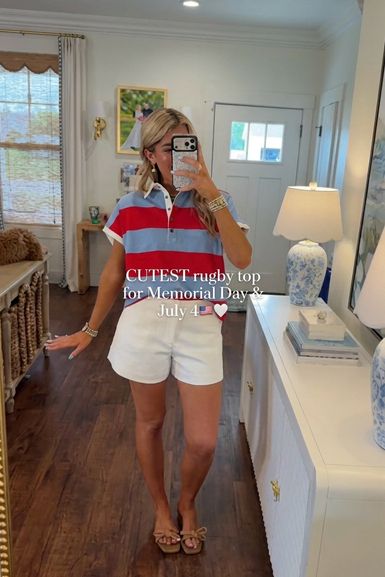 Red & Blue Striped Short-Sleeve Rugby Polo Top