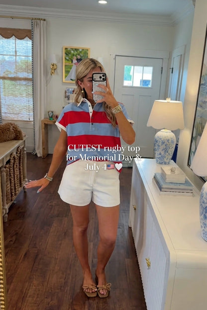 Red & Blue Striped Short-Sleeve Rugby Polo Top