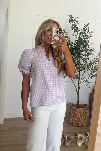 Lilac Gingham Puff Sleeve Blouse