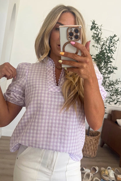Lilac Gingham Puff Sleeve Blouse