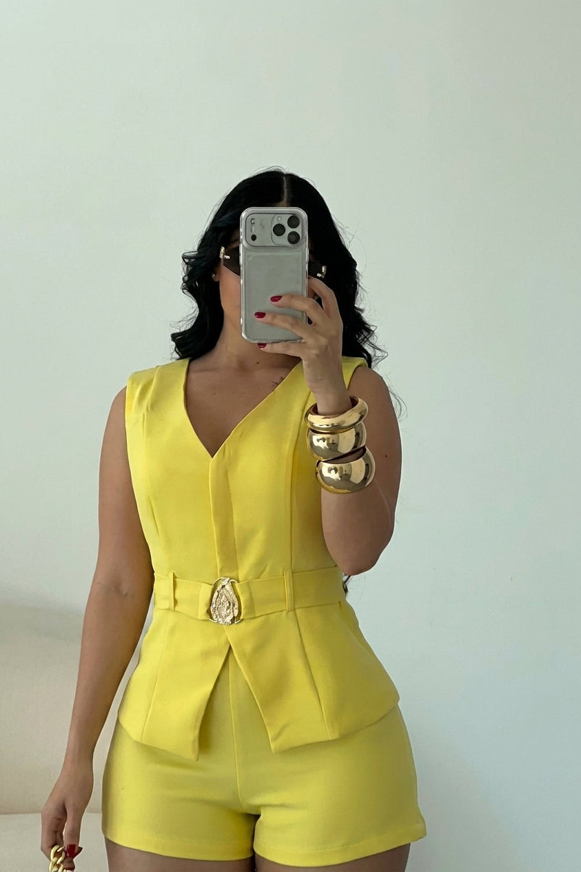 LEMON GLOW Sleeveless Blazer & Shorts 2-Piece Set