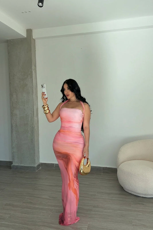 Sunset Blush Halter Bodycon Maxi Dress