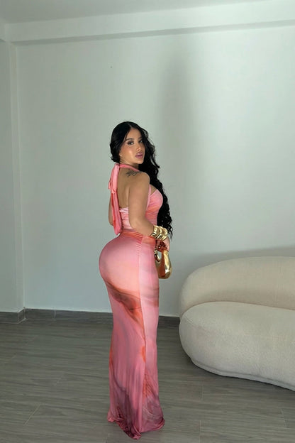 Sunset Blush Halter Bodycon Maxi Dress