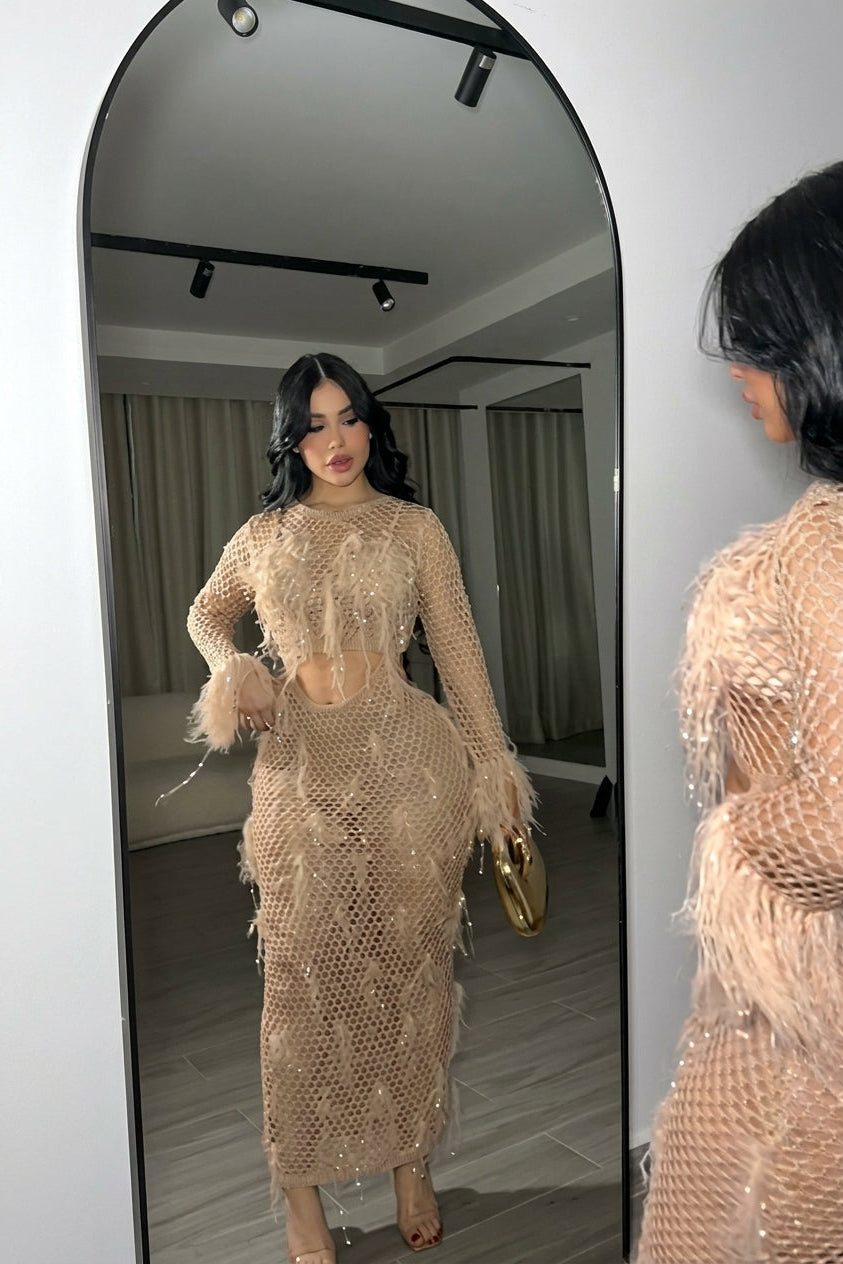 Nude Feather Mesh Knit Maxi Dress