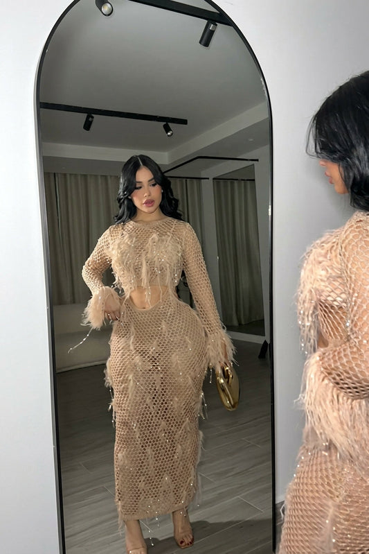Nude Feather Mesh Knit Maxi Dress