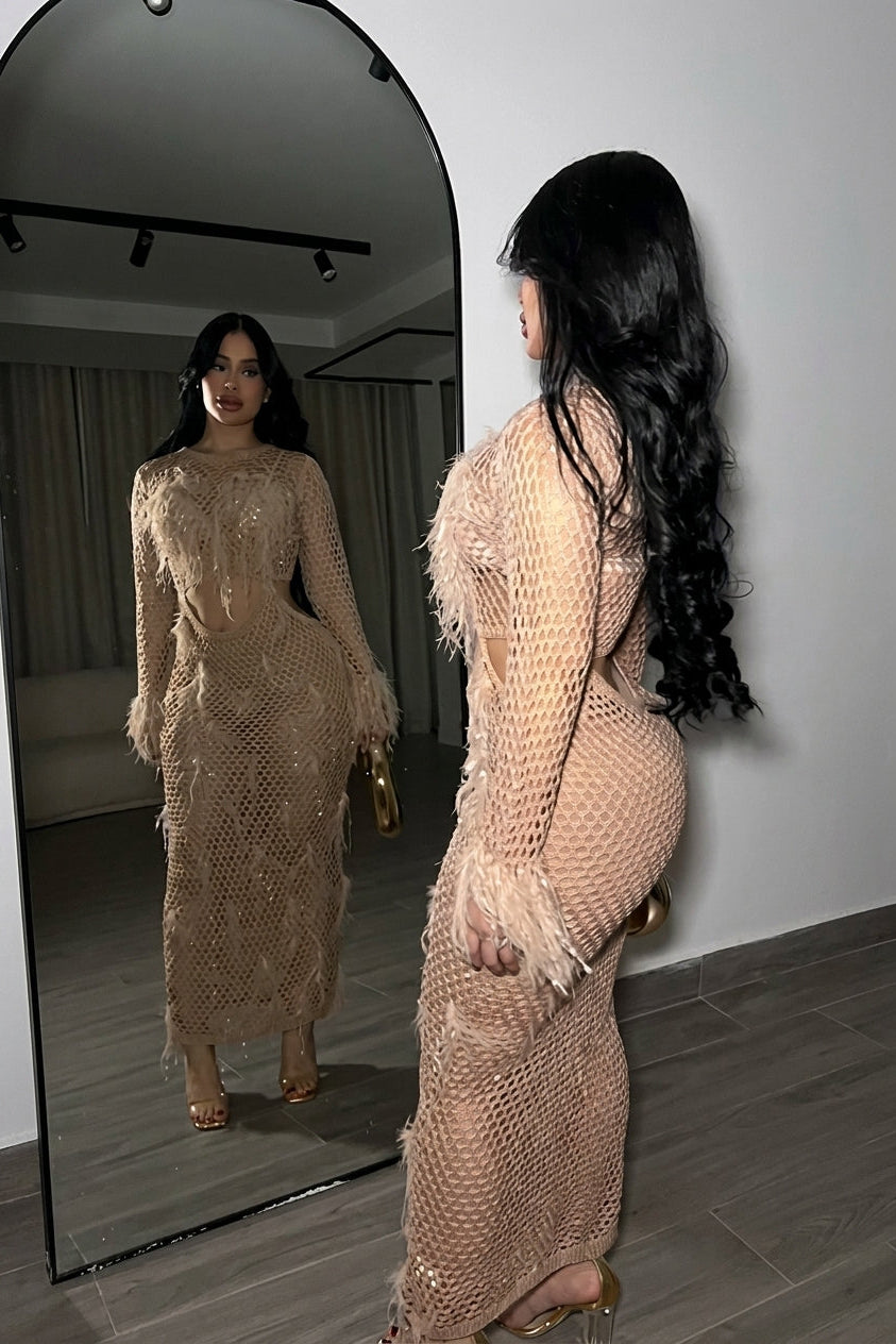 Nude Feather Mesh Knit Maxi Dress