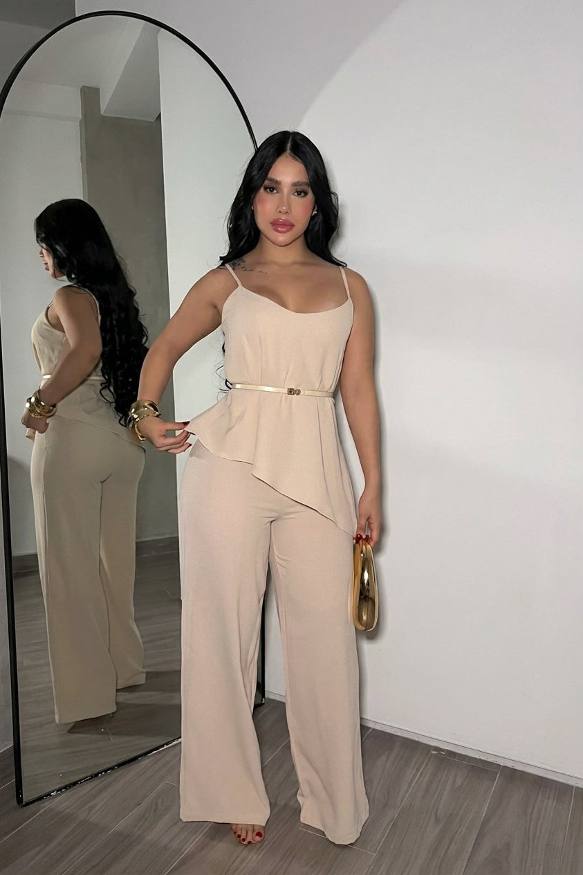Timeless Beige Peplum Cami & Wide Leg Pants Set