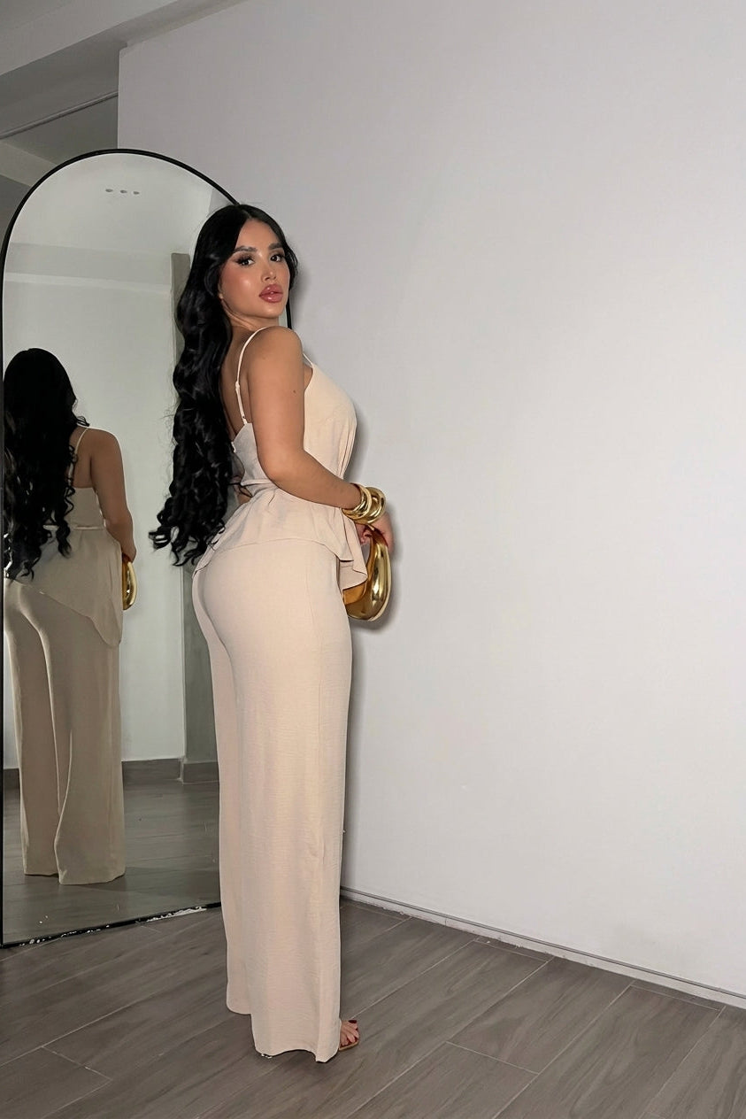 Timeless Beige Peplum Cami & Wide Leg Pants Set