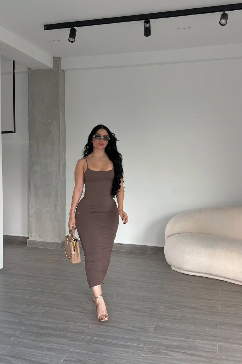 Slim Spaghetti Strap Split Midi Dress
