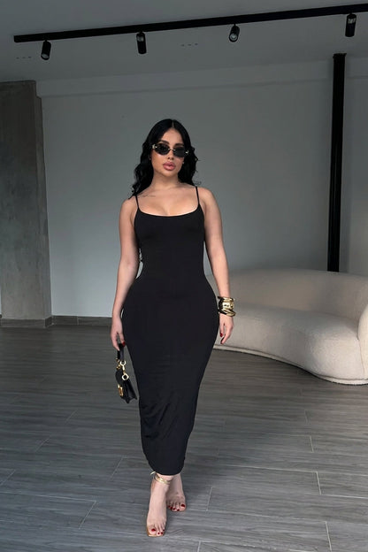 Slim Spaghetti Strap Split Midi Dress