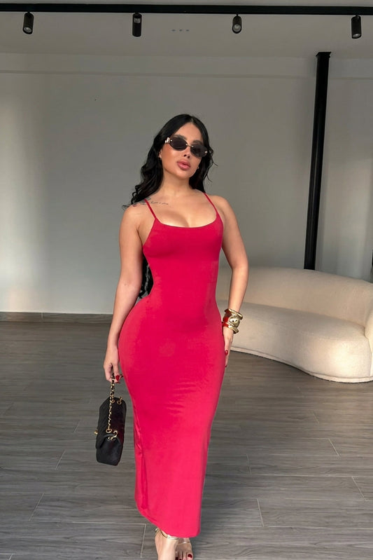 Slim Spaghetti Strap Split Midi Dress