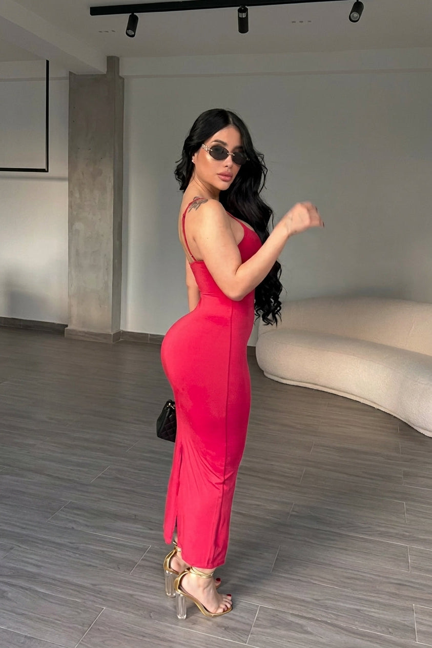 Slim Spaghetti Strap Split Midi Dress